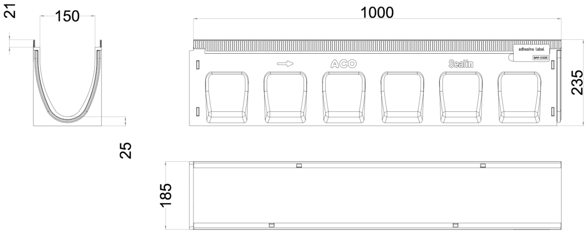 00133340 Esquema técnico del canal MULTILINE SEAL IN V150 5.0 L1000 H235 de hormigón polímero sin reja, sistema de fijación Drainlock