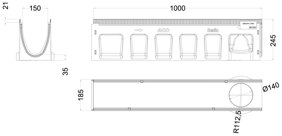 00133344 Esquema técnico del canal MULTILINE SEAL IN V150 5.0.2 L1000 H245 de hormigón polímero sin reja, sistema de fijación Drainlock y junta labiolaberintica vertical DN/OD 110