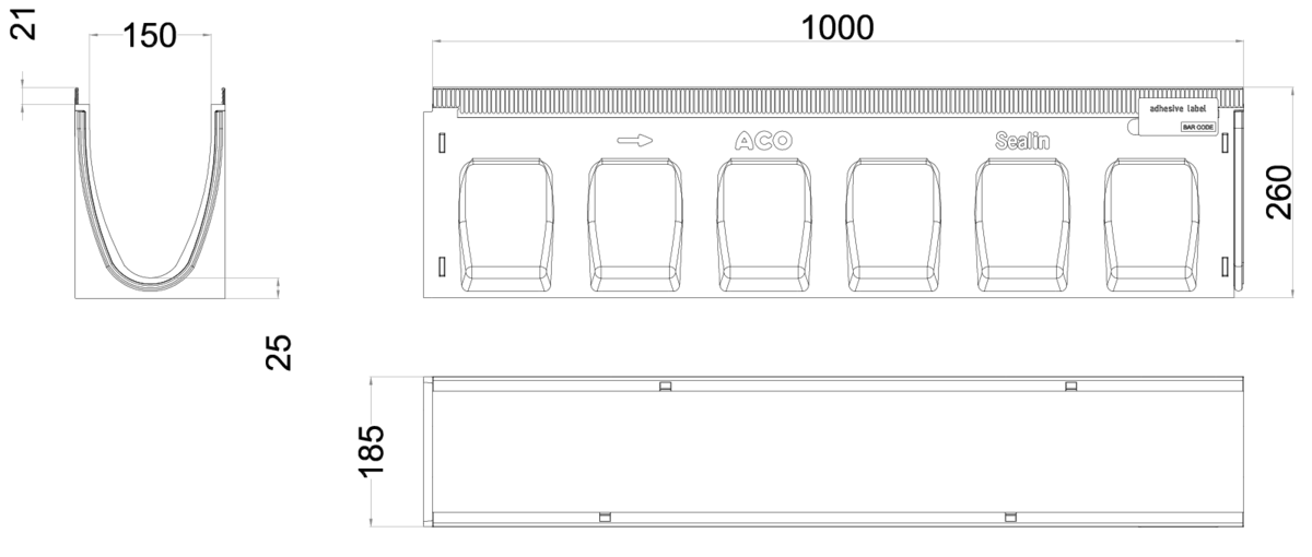 00133350 Esquema técnico del canal MULTILINE SEAL IN V150 10.0 L1000 H260 de hormigón polímero sin reja, sistema de fijación Drainlock