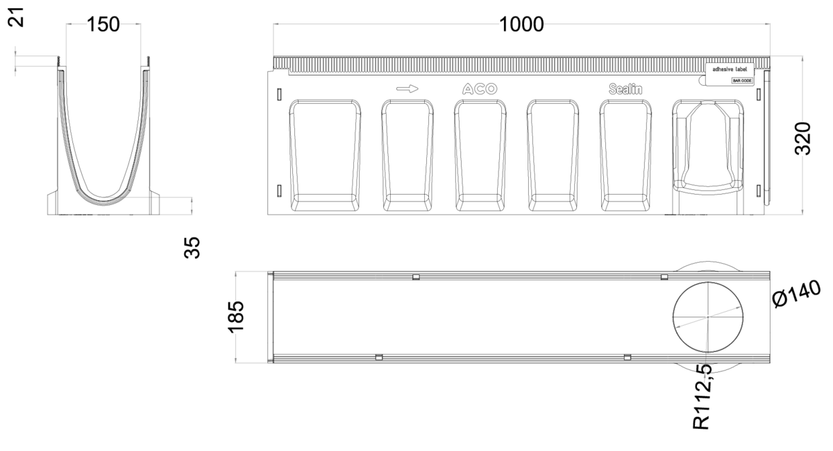 Esquema técnico del canal MULTILINE SEAL IN V150 20.0.2 L1000 H320 de hormigón polímero sin reja, sistema de fijación Drainlock y junta labiolaberintica vertical DN/OD 110