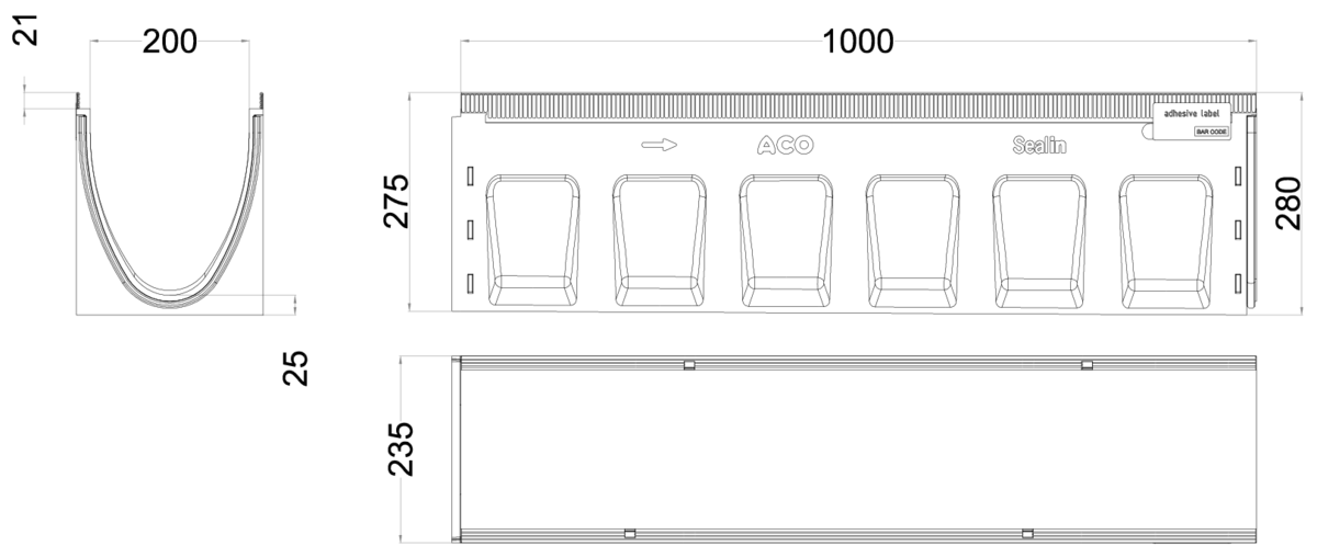 00133503 Esquema técnico del canal MULTILINE SEAL IN V200 3 L1000 con pendiente H275-280 de hormigón polímero sin reja, sistema de fijación Drainlock