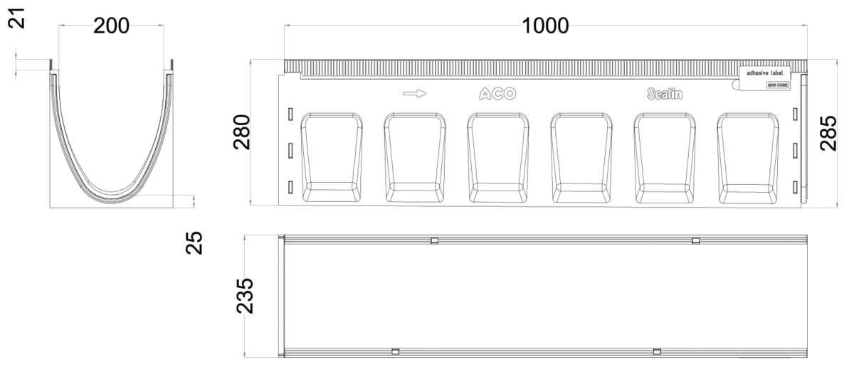 00133504 Esquema técnico del canal MULTILINE SEAL IN V200 4 L1000 con pendiente H280-285 de hormigón polímero sin reja, sistema de fijación Drainlock