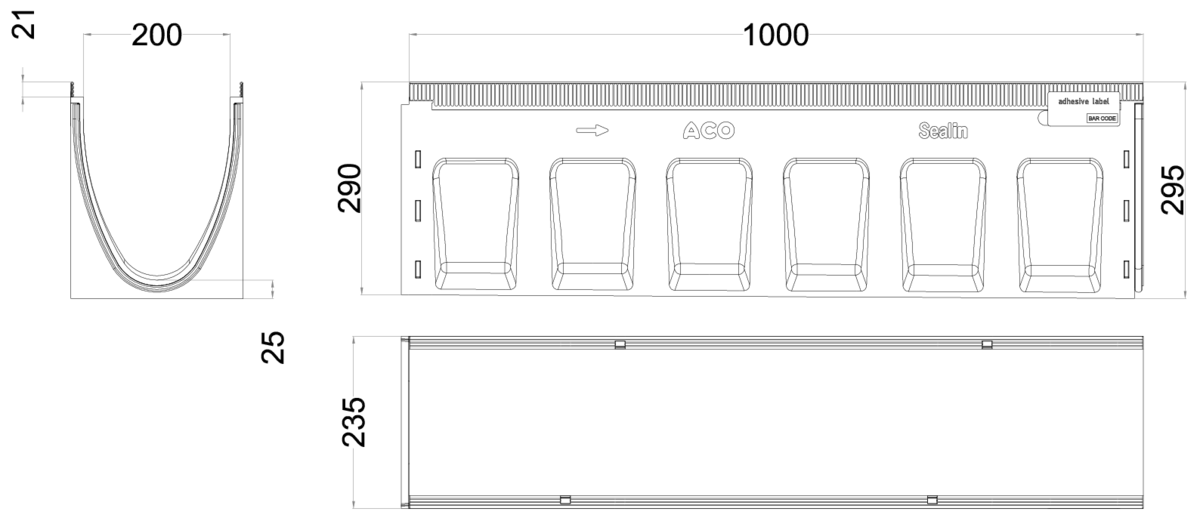 00133506 Esquema técnico del canal MULTILINE SEAL IN V200 6 L1000 con pendiente H290-295 de hormigón polímero sin reja, sistema de fijación Drainlock
