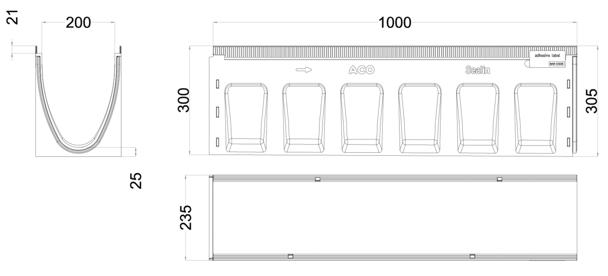 00133508 Esquema técnico del canal MULTILINE SEAL IN V200 8 L1000 con pendiente H300-305 de hormigón polímero sin reja, sistema de fijación Drainlock