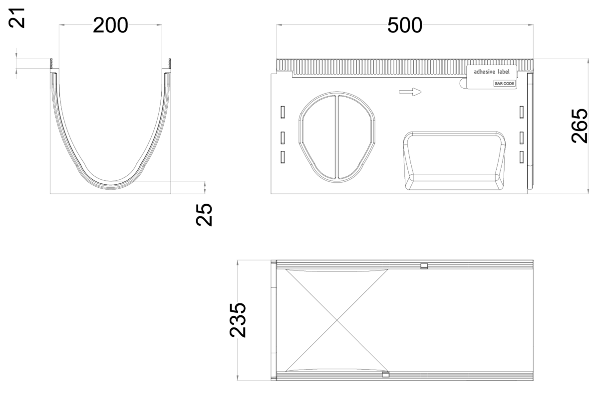 00133531 Esquema técnico del canal MULTILINE SEAL IN V200 0.1 L500 H265 de hormigón polímero sin reja, sistema de fijación Drainlock y preformas laterales rompibles L-T-X