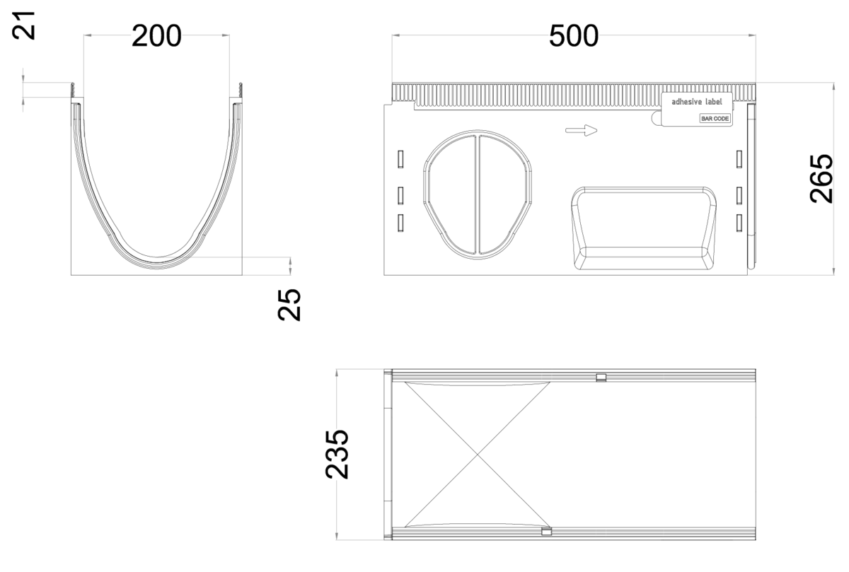 Esquema técnico do canal MULTILINE SEAL IN V200 0.1 L500 H265 em betão polímerico sem grelha, sistema de fixação Drainlock e pré-formas laterais quebráveis L-T-X