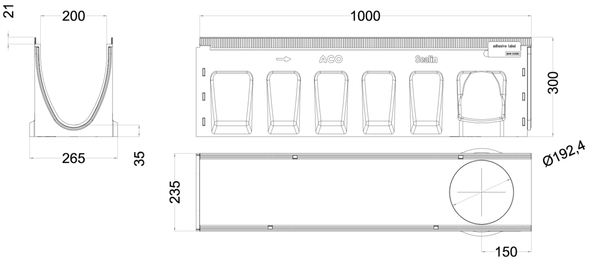 00133544 Esquema técnico del canal MULTILINE SEAL IN V200 5.0.2 L1000 H300 de hormigón polímero sin reja, sistema de fijación Drainlock y junta labiolaberintica vertical DN/OD 160