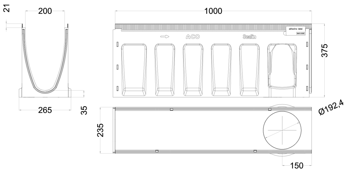 00133574 Esquema técnico del canal MULTILINE SEAL IN V200 20.0.2 L1000 H375 de hormigón polímero sin reja, sistema de fijación Drainlock y junta labiolaberintica vertical DN/OD 160