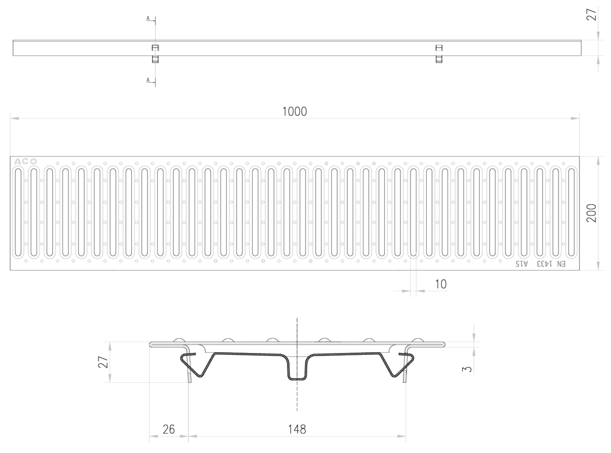00150010 Esquema técnico de la reja para canal N 150/SELF 200, reja pasarela en acero galvanizado de dimensiones L1000 A200 H27 con sistema de fijación por clavija o springlock, clase de carga A15.
