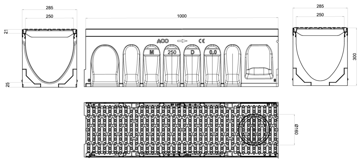 Esquema técnico do canal MULTIDRAIN 200 0.0 L1000 H265 em betão polímerico com grelha passarela em fundição D400, sistema de fixação Drainlock e com pré-marca rompivel DN/OD 160