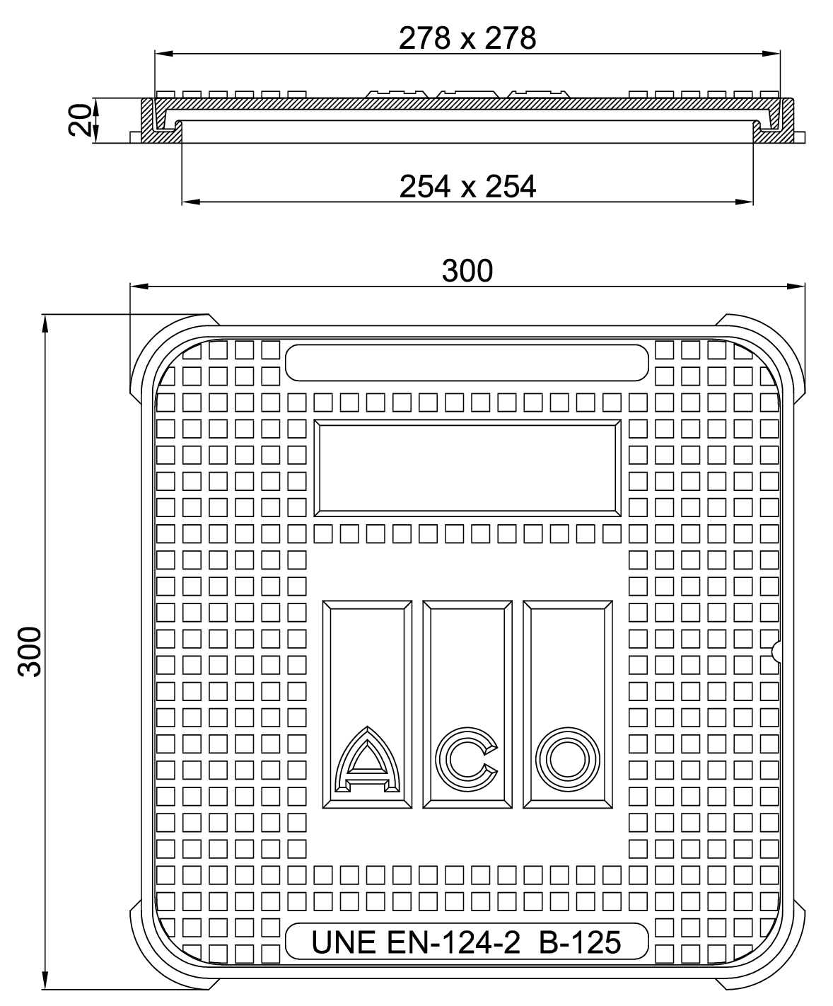 00150461 Esquema técnico da tampa I-BASIC 300LB quadrada dimensões exteriores 300x300mm, classe de carga B125.