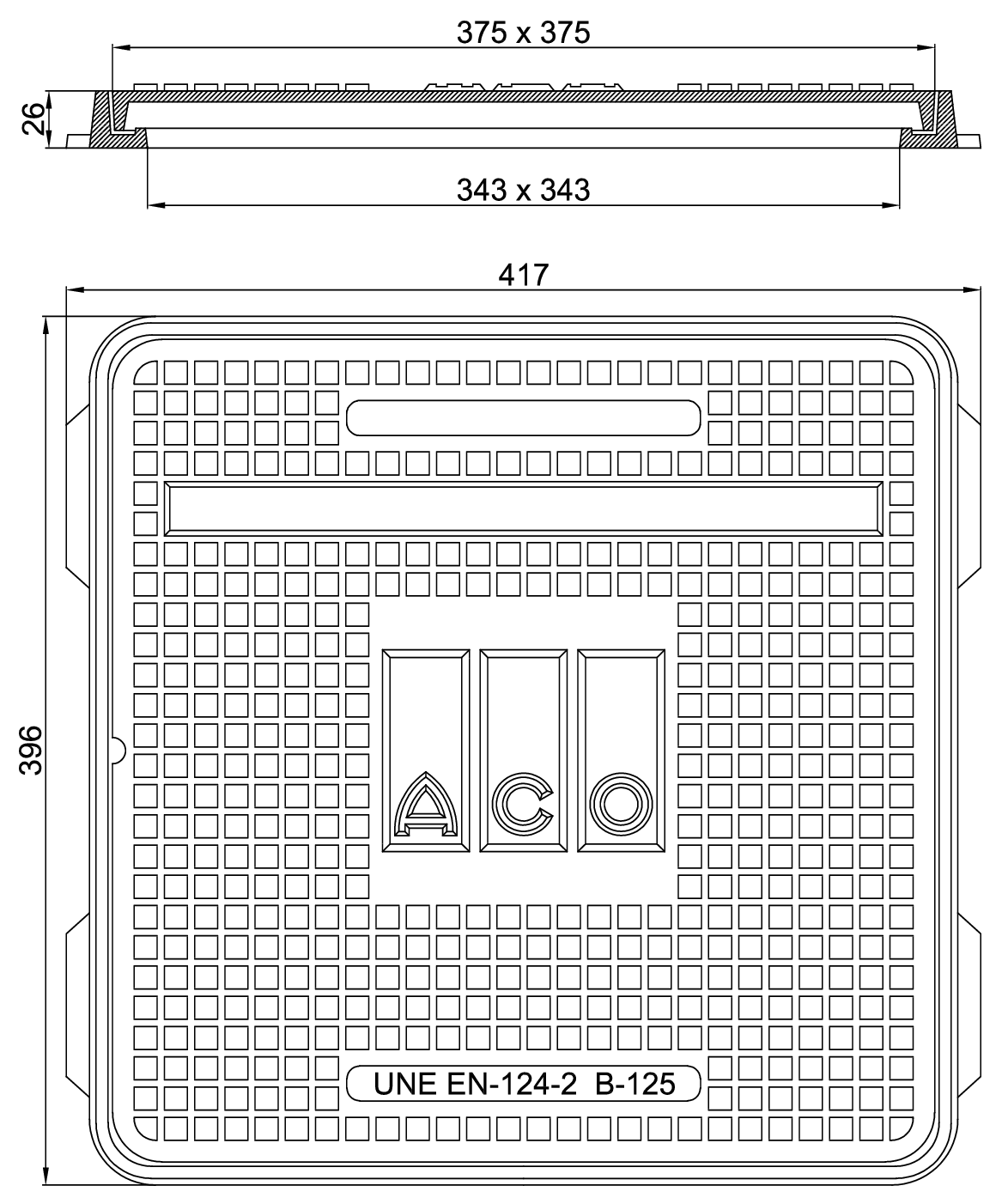 00150462 Esquema técnico da tampa I-BASIC 400LB quadrada dimensões exteriores 400x400mm, classe de carga B125.