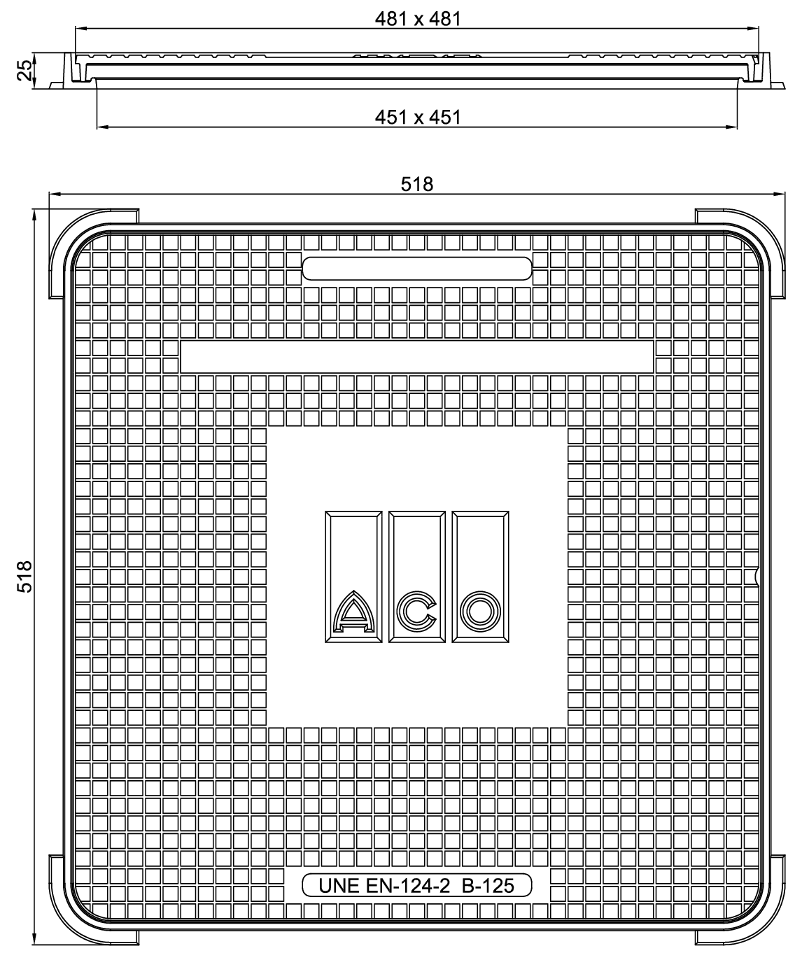 00150463 Esquema técnico de la tapa I-BASIC 500LB cuadrada de medidas exteriores 500x500mm, clase de carga B125.