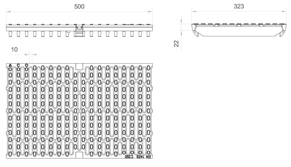 00303216 Esquema técnico de la reja para canal MULTIDRAIN 300, reja pasarela en fundición de dimensiones L500 A323 H22/42 con sistema de fijación Drainlock, clase de carga C250.