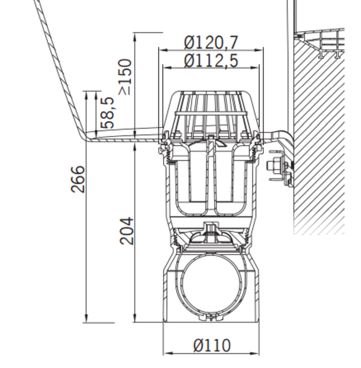 00310060 Esquema técnico del sumidero para tragaluz THERM, fabricado en polipropileno color blanco, de dimensiones Ø121 H266 con salida vertical DN110, sifón y válvula antirretorno.