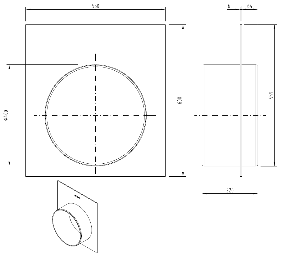 00314030 Esquema técnico del adaptador para tuberia del tanque STORMBRIXX, fabricado en polipropileno, de dimensiones L220 A550 H600, conexión DN400.