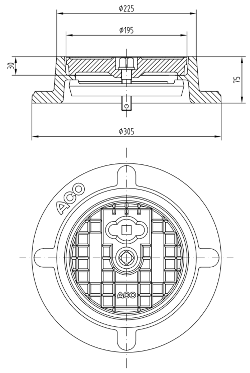 Esquema técnico de la tapa para el tanque STORMBRIXX fabricada en fundición, de dimensiones Ø305 y 75mm de altura, clase de carga D400.
