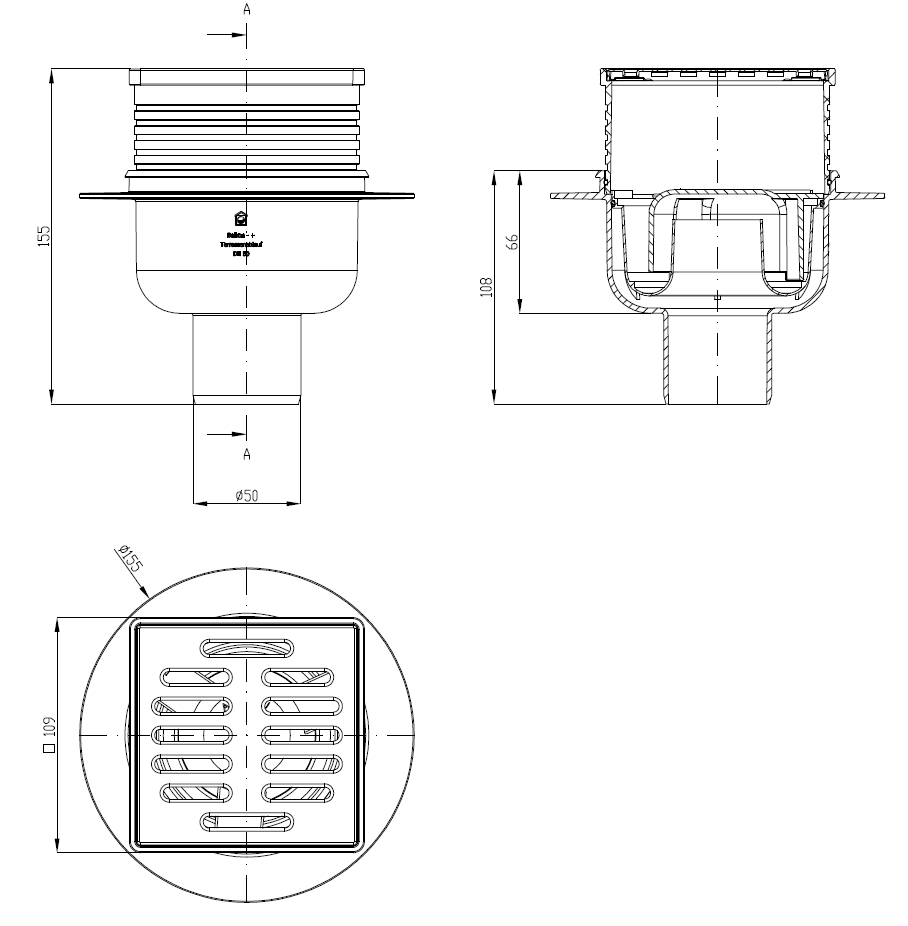 Esquema técnico do sumidouro RUG, fabricado em plástico ABS, de dimensões L100 A100 H115/140, saída vertical DN50, com sifão, com grelha slot em aço inoxidável AISI304.