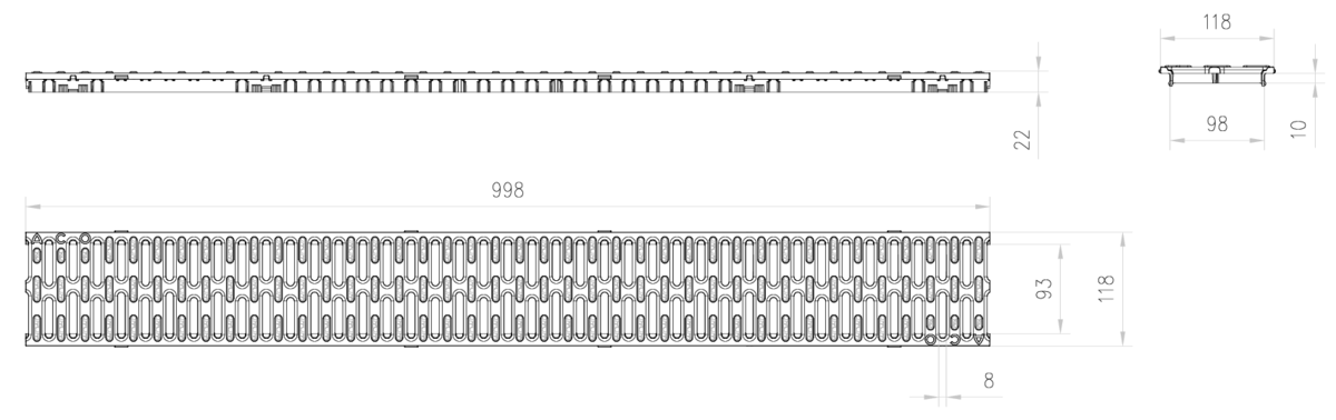 Esquema técnico da grelha para canal HEXALINE 100, grelha passarela com microgrip em polipropileno (PP) da dimensões L998 A118 H22 com sistema de fixação por clip, classe de carga A15.