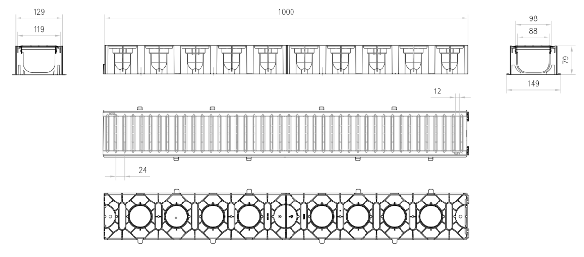 Esquema técnico del canal HEXALINE 2.0 H79 en polipropileno con reja pasarela de acero galvanizado A15 color negro