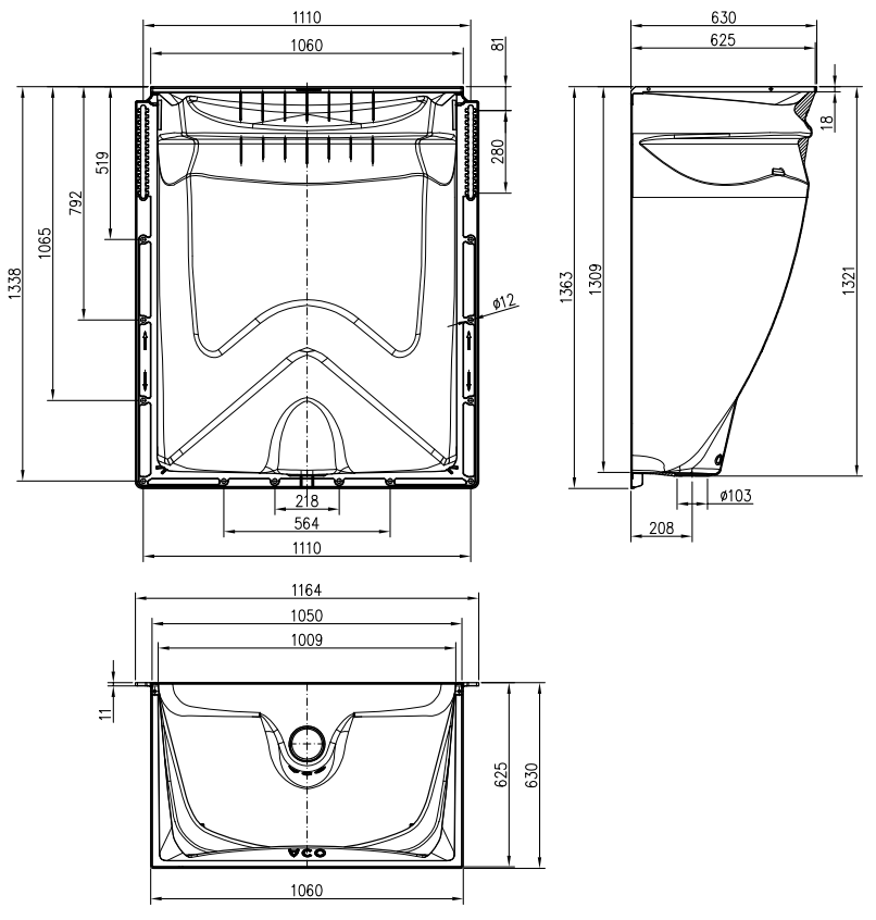 00375001 Esquema técnico del cuerpo de tragaluz THERM de dimensiones exteriores T630 L1164 H1363.