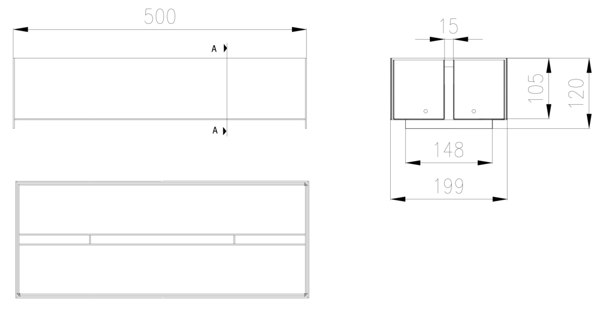 00400334 Esquema técnico de la reja registro para canal N 150/SELF 200, reja brickslot T H105 en acero galvanizado de dimensiones L500 A199 H120 sin sistema de fijación, clase de carga B125.