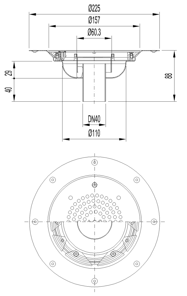 00403820 Esquema técnico del sumidero EG150 FIJO, fabricado en acero inoxidable AISI304, de dimensiones Ø157 H42 con marco para clipaje de tela, salida vertical DN40, con sifón, con reja perforada con fijación clase de carga K3.