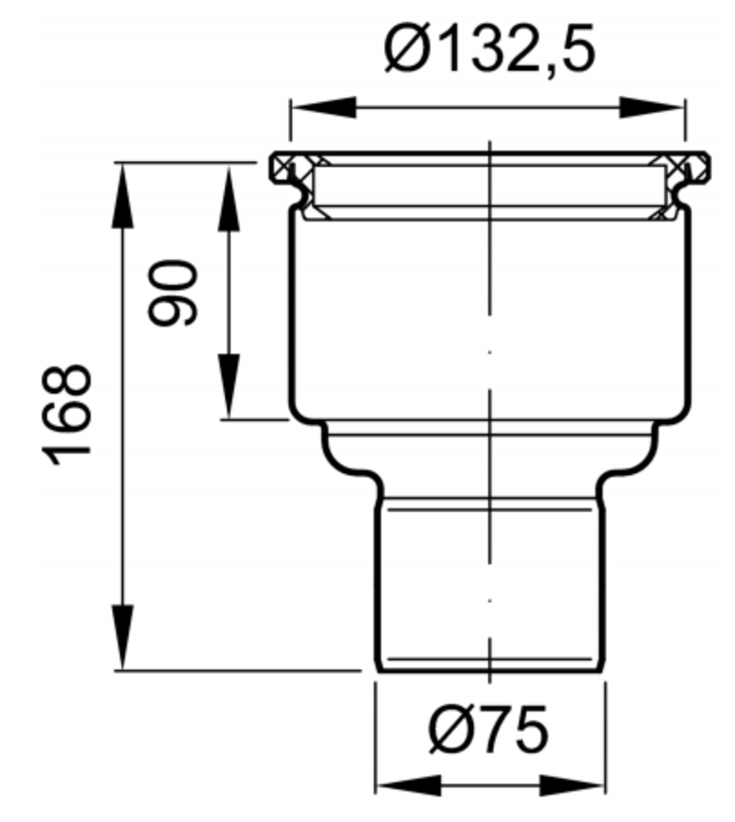 00405066 Esquema técnico del fondo sumidero industrial EG150, fabricado en acero inoxidable AISI304, de dimensiones Ø133 H168 fondo Ø110, sin marco, salida vertical DN75.