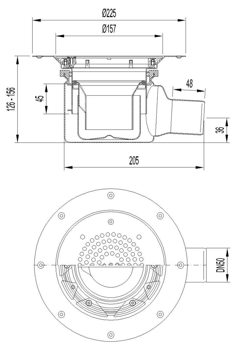 00405145 Esquema técnico del sumidero EG150 TELESCOPICO, fabricado en acero inoxidable AISI304, de dimensiones Ø225 H126 con marco para clipaje de tela, salida horizontal DN50, con sifón, con reja perforada con fijación clase de carga K3.