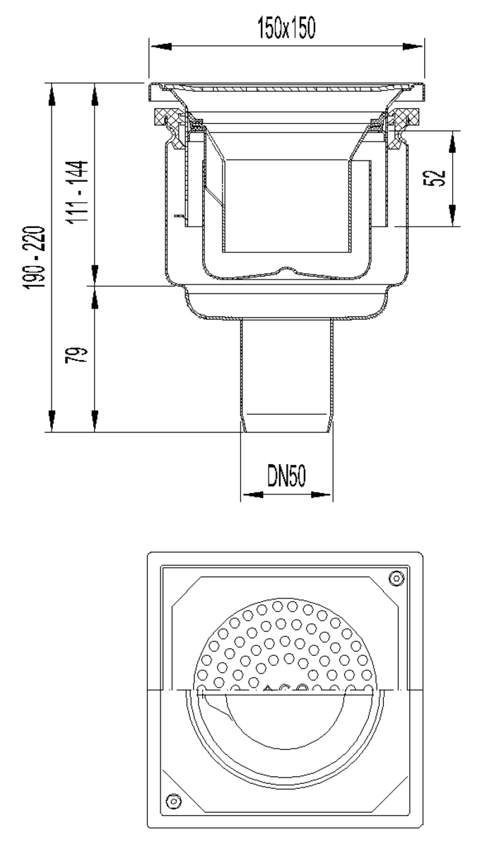 00405149 Esquema técnico do sumidouro EG150 TELESCOPICO, fabricado em aço inoxidável AISI304, de dimensões L150 A150 H190, saída vertical DN50, com sifão, com grelha perfurada com fixação classe de carga K3.