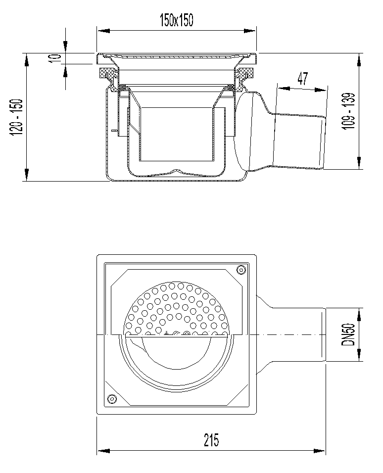 00405151 Esquema técnico do sumidouro EG150 TELESCOPICO, fabricado em aço inoxidável AISI304, de dimensões L150 A150 H120, saída horizontal DN50, com sifão, com grelha perfurada com fixação classe de carga K3.