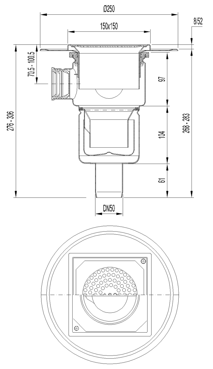 00405155 Esquema técdel sumidero EG150 TELESCOPICO, fabricado en acero inoxidable AISI304, de dimensiones L150 A150 H211 con marco para impermeabilizació liquida, salida vertical DN50, con 3 entradas DN32/40, con sifón, con reja perforada con fijación carga K3.