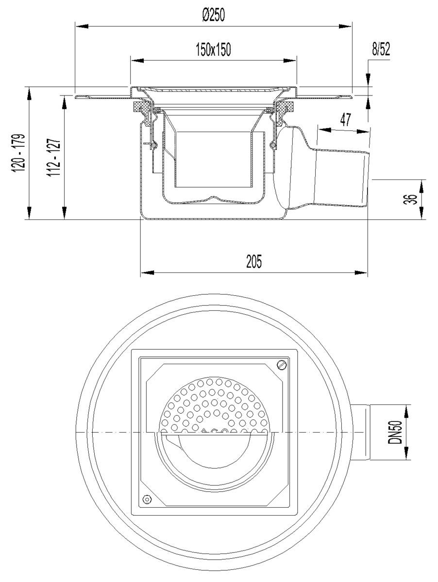 00405156 Esquema técnico del sumidero EG150 TELESCOPICO, fabricado en acero inoxidable AISI304, de dimensiones L150 A150 H120 con marco para impermeabilizació liquida, salida horizontal DN50, con sifón, con reja perforada con fijación carga K3.