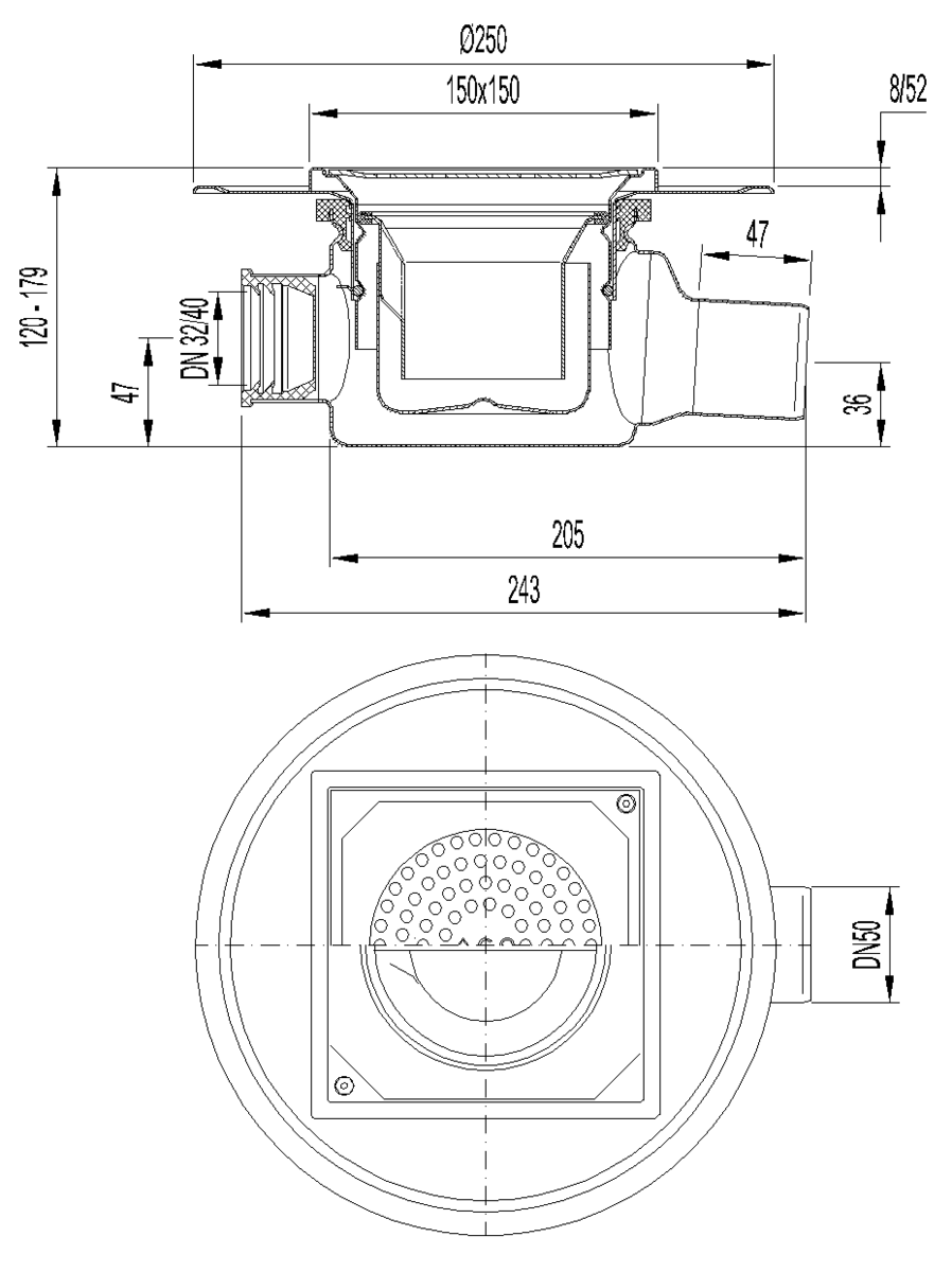 00405158 Esquema técnico del sumidero EG150 TELESCOPICO, fabricado en acero inoxidable AISI304, de dimensiones L150 A150 H120 con marco para impermeabilizació liquida, salida horizontal DN50, 3 entradas DN32/40, con sifón, con reja perforada con fijación carga K3.