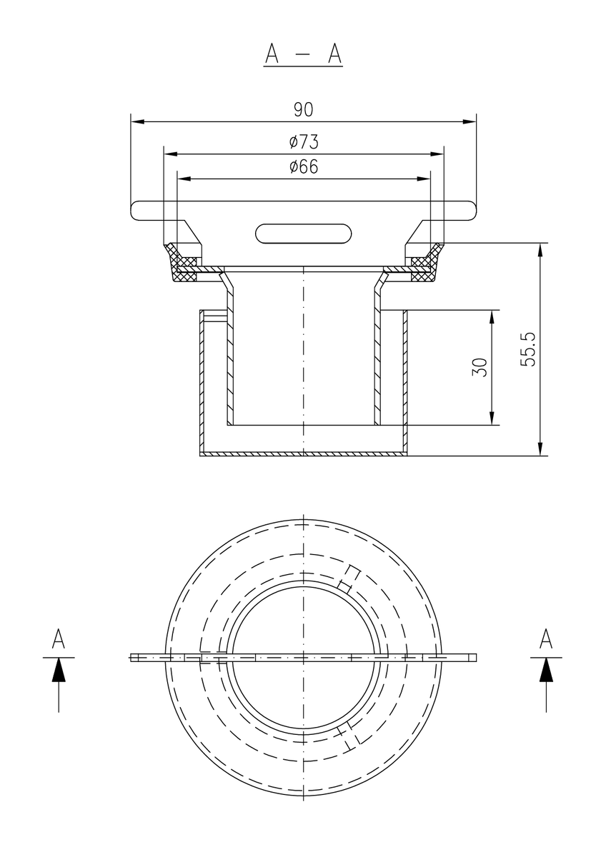 Esquema técnico do sifão em aço inoxidável AISI304, de Ø73 H56, altura de água Ha50 para canal CLASSIC com saída Ø75.
