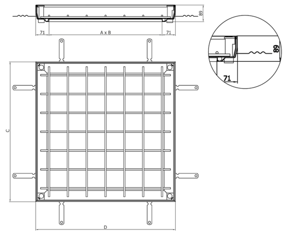00406501 Esquema técnico da tampa TOPTEK RE 1.0 não assistida de dimensões exteriores 500x500mm e altura 50, classe de carga L15