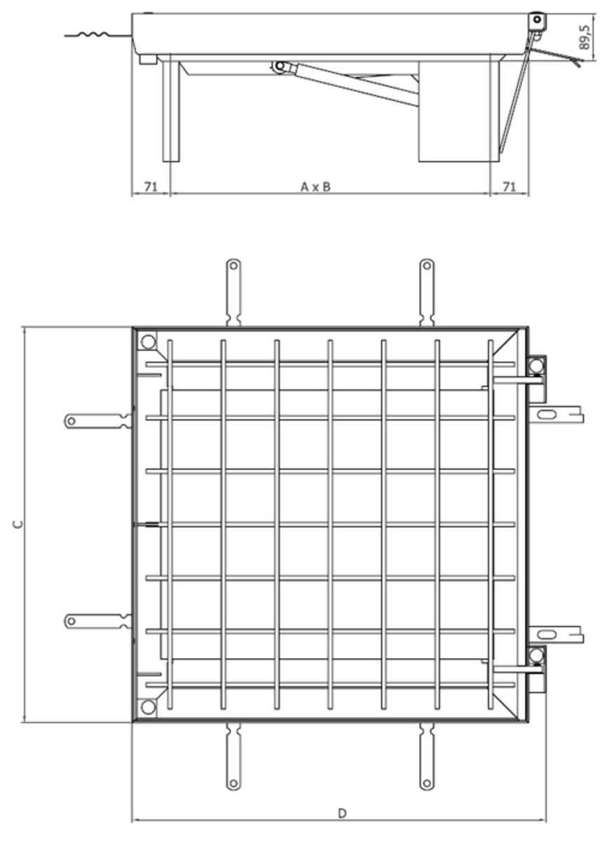00406538 Esquema técnico de la tapa TOPTEK RE 1.0 en acergo galvanizado asistida de medidas exteriores 642x675mm y altura 89, clase de carga M125
