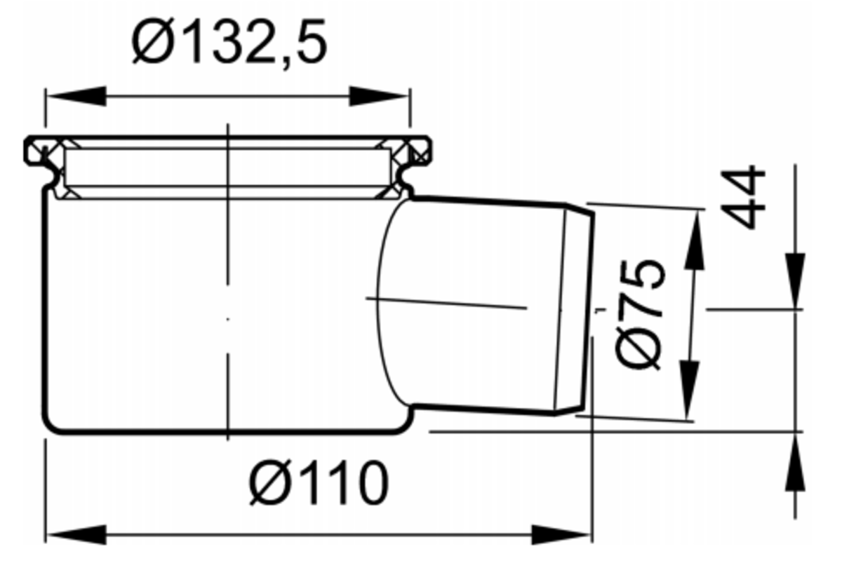 00406677 Esquema técnico del fondo sumidero industrial EG150, fabricado en acero inoxidable AISI304, de dimensiones Ø133 H105 fondo Ø110, sin marco, salida horizontal DN75.
