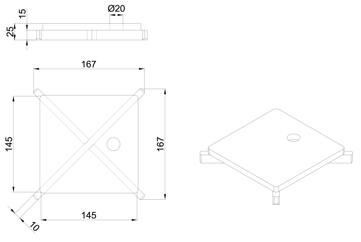 Esquema técnico de la reja para sumidero EG, reja ranurada en acero inoxidable AISI304 de dimensiones L168 A168 H25 sin sistema de fijación, clase de carga M125.