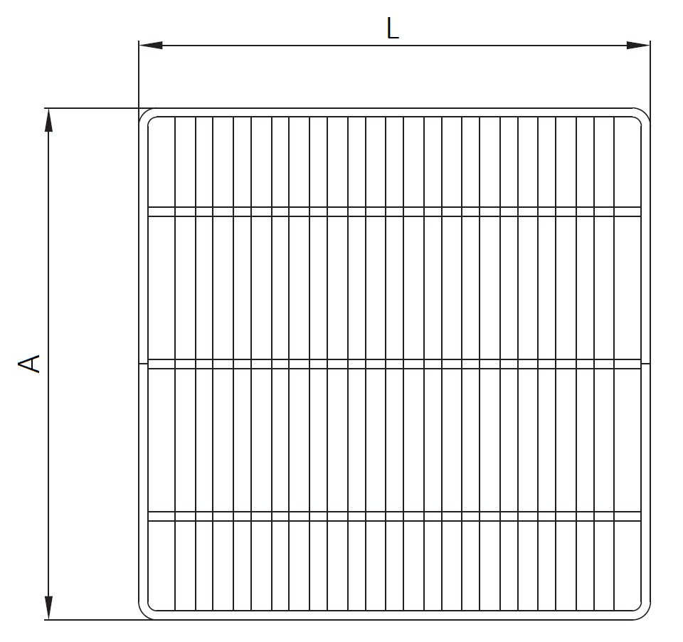 Esquema técnico da grelha para sumidouro EG, grelha anti-salto em aço inoxidável AISI304 da dimensões L168 A168 H25 sem sistema de fixação, classe de carga L15.