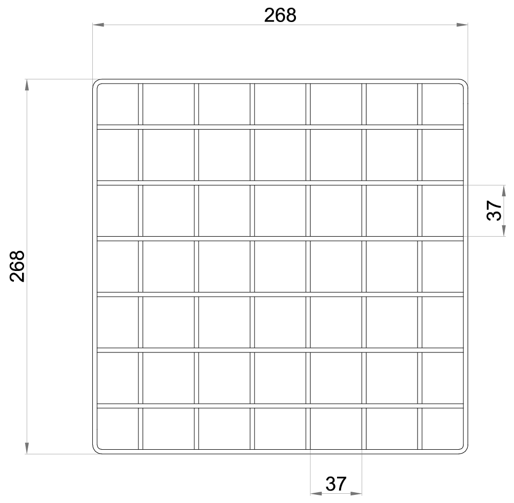 Esquema técnico da grelha para sumidouro EG, grelha entramada lisa 37x37 em aço inoxidável AISI304 da dimensões L268 A268 H30 sem sistema de fixação, classe de carga L15.