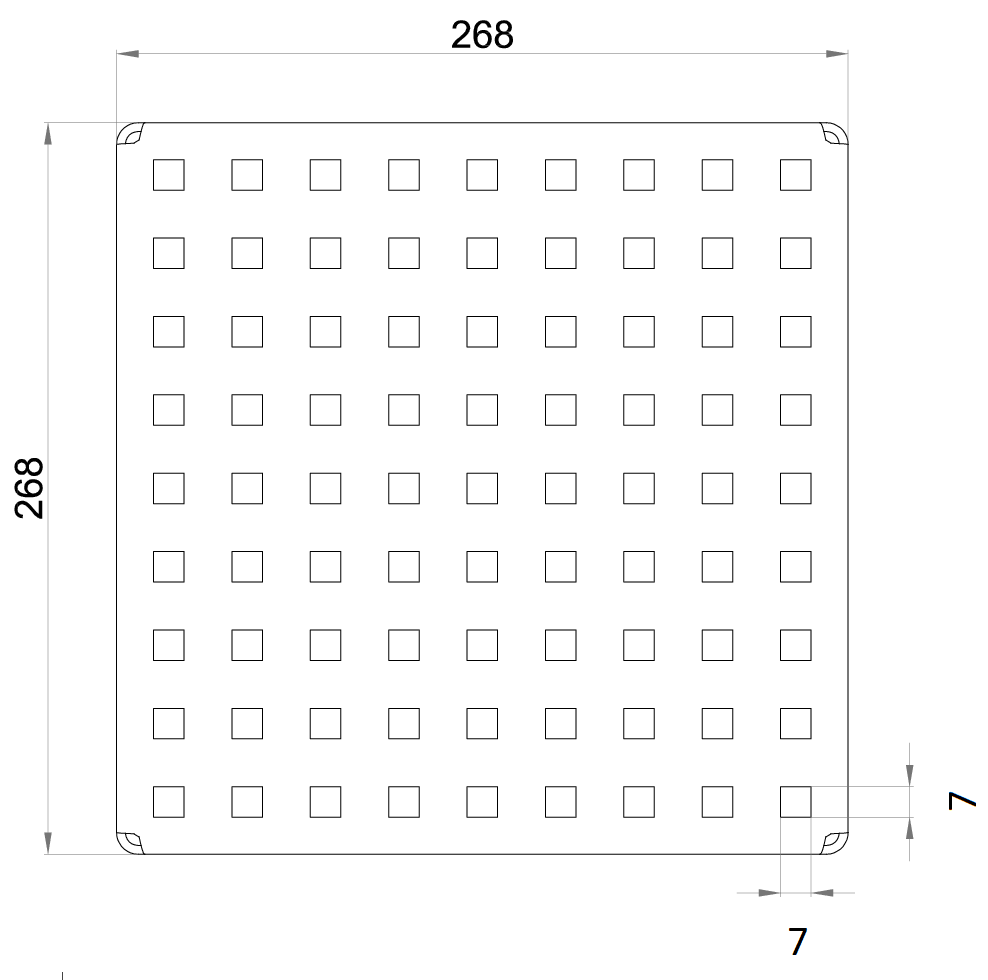 Esquema técnico de la reja para sumidero EG, reja quadrato en acero inoxidable AISI304 de dimensiones L268 A268 H30 sin sistema de fijación, clase de carga L15.