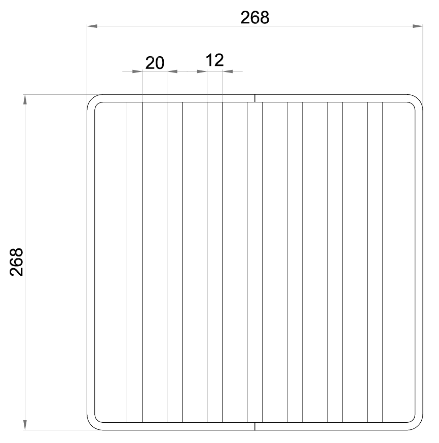 Esquema técnico de la reja para sumidero EG, reja de barras antideslizantes en acero inoxidable AISI304 de dimensiones L268 A268 H30 sin sistema de fijación, clase de carga M125.