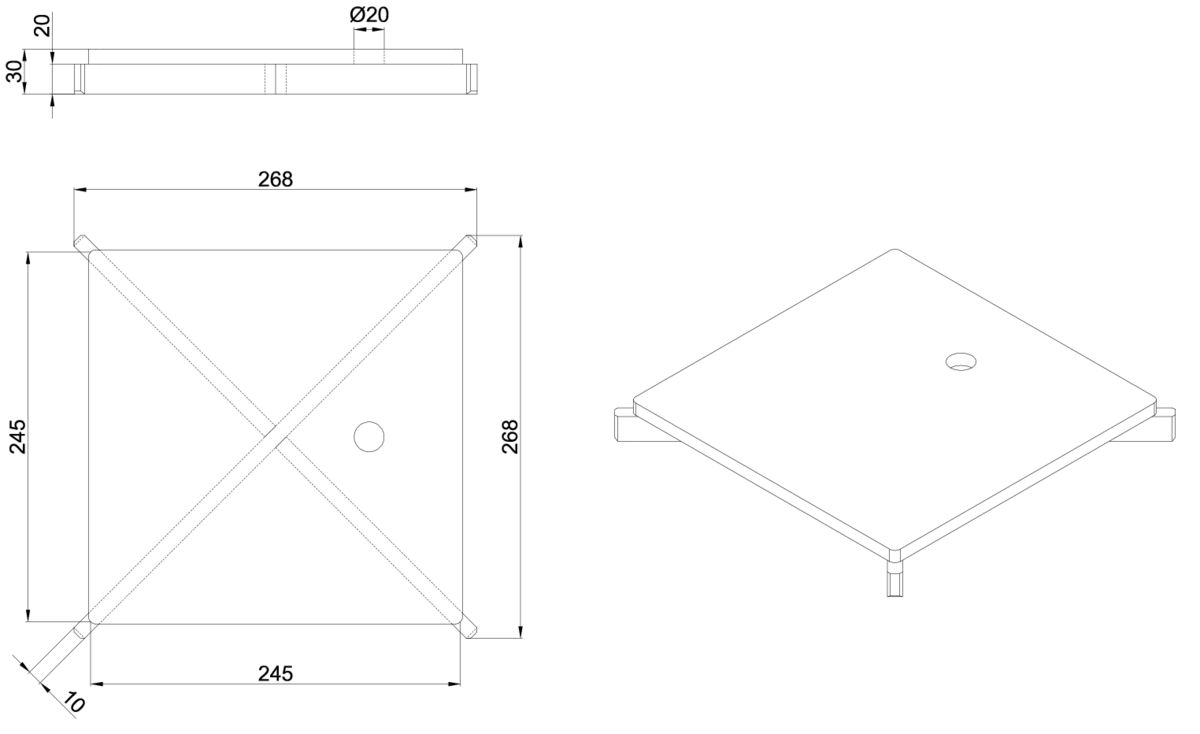 Esquema técnico de la reja para sumidero EG, reja ranurada en acero inoxidable AISI304 de dimensiones L268 A268 H30 sin sistema de fijación, clase de carga M125.