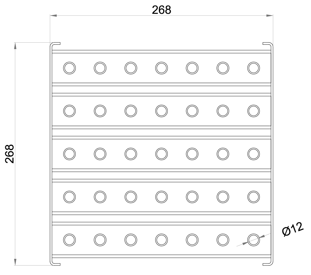 Esquema técnico da grelha para sumidouro EG, grelha multislot 5 em aço inoxidável AISI304 da dimensões L268 A268 H30 sem sistema de fixação, classe de carga L15.