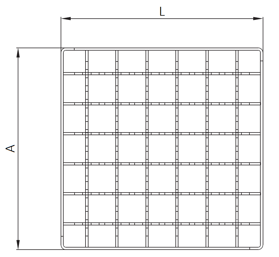 Esquema técnico de la reja para sumidero EG, reja entramada antideslizante 23x23 en acero inoxidable AISI304 de dimensiones L168 A168 H25 sin sistema de fijación, clase de carga L15.