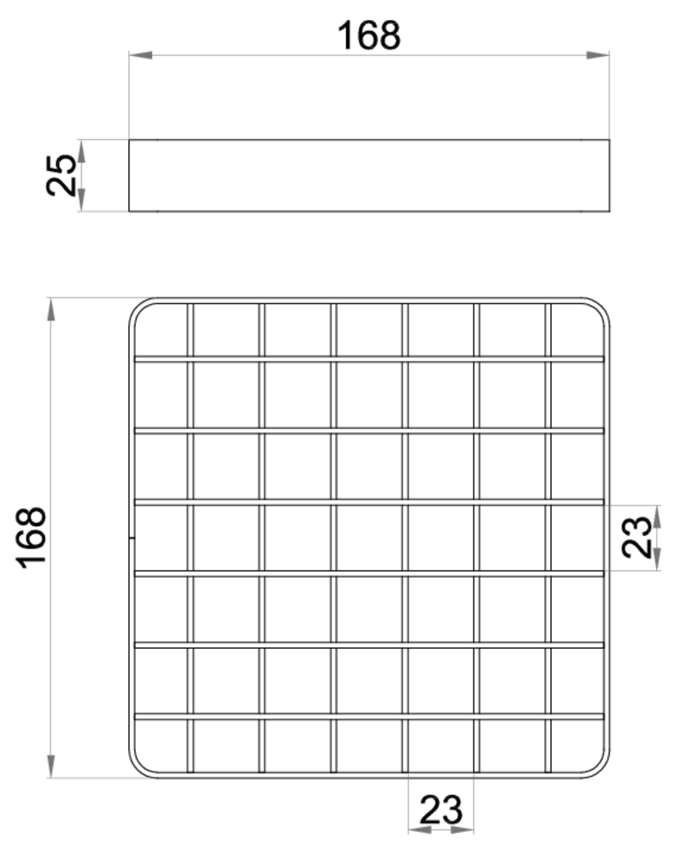 Esquema técnico de la reja para sumidero EG, reja entramada lisa 23x23 en acero inoxidable AISI304 de dimensiones L168 A168 H25 sin sistema de fijación, clase de carga L15.