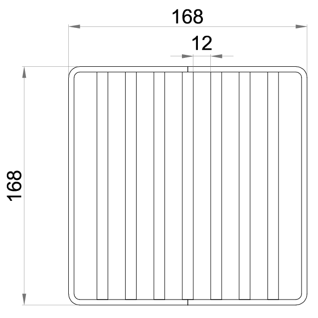 Esquema técnico de la reja para sumidero EG, reja de barras antideslizantes en acero inoxidable AISI304 de dimensiones L168 A168 H30 sin sistema de fijación, clase de carga M125.