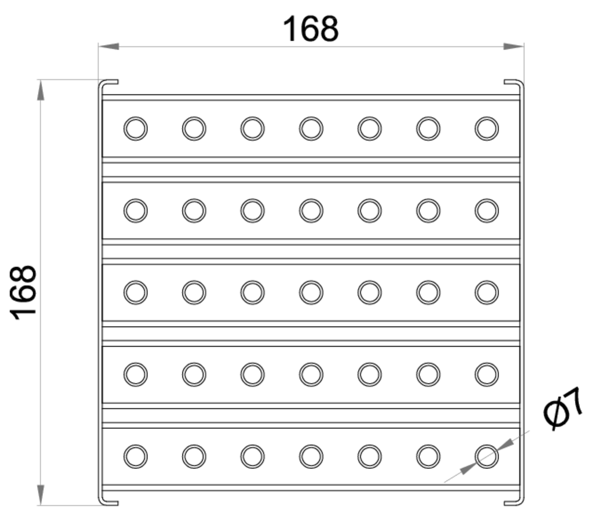 Esquema técnico de la reja para sumidero EG, reja multislot 5 en acero inoxidable AISI304 de dimensiones L168 A168 H25 sin sistema de fijación, clase de carga L15.