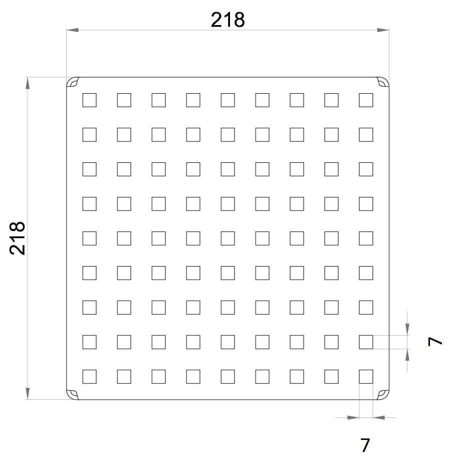 Esquema técnico da grelha para sumidouro EG, grelha quadrato em aço inoxidável AISI304 da dimensões L218 A218 H30 sem sistema de fixação, classe de carga L15.